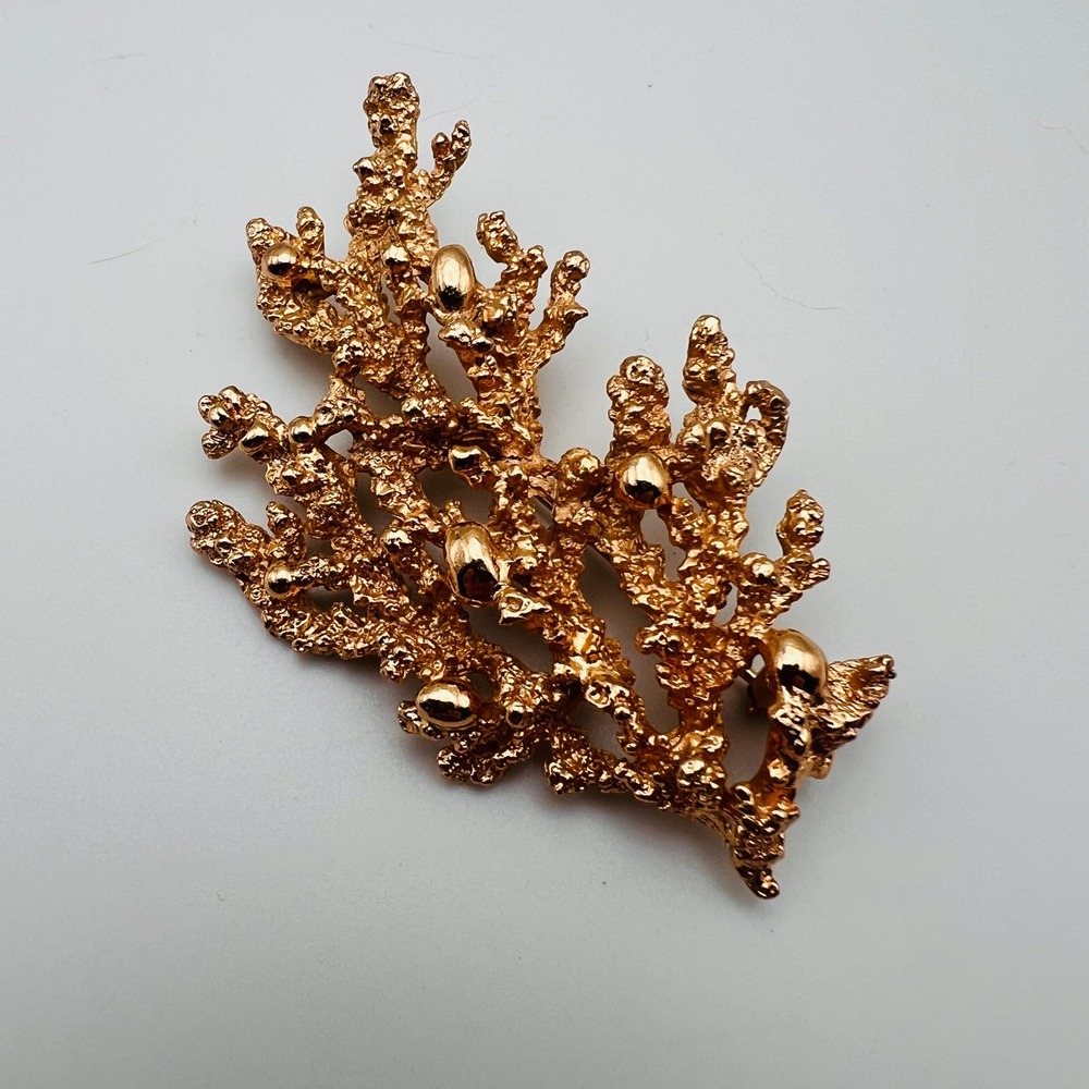 Vintage Napier Coral Foliage Brooch Textured Gold Tone Pin Modern Statement